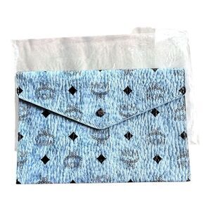 MCM Authentic Leather Envelope Clutch Blue Visetos